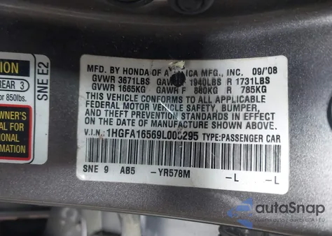 2009 Honda Civic Lx from USA, damaged, VIN 1HGFA16569L005295
